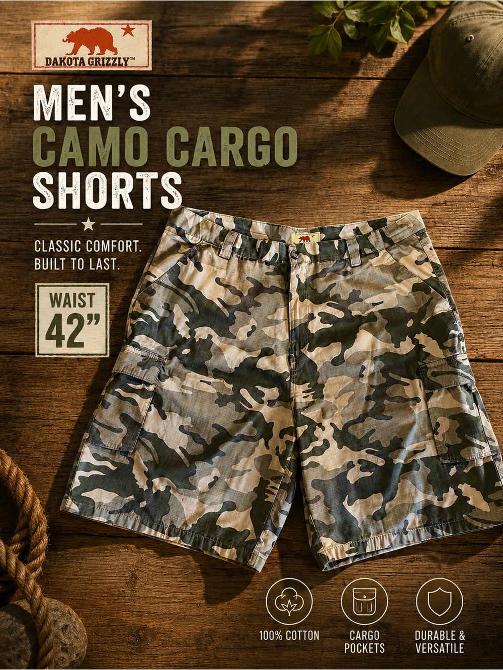 Dakota Grizzly Men’s Camo Cargo Shorts | Waist 42 | Outdoor Utility